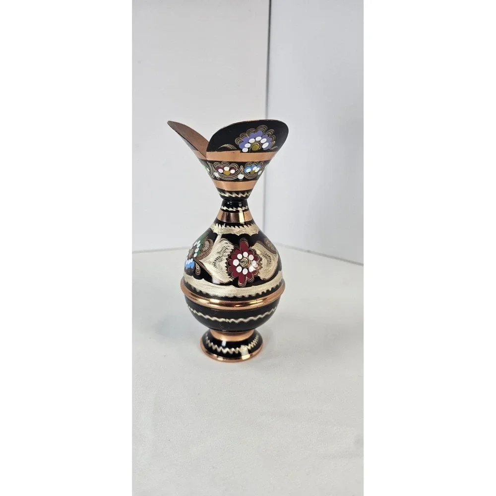 Persian‎ Minakari Copper Vase Hand-Painted Floral Enamel Black 6.5in